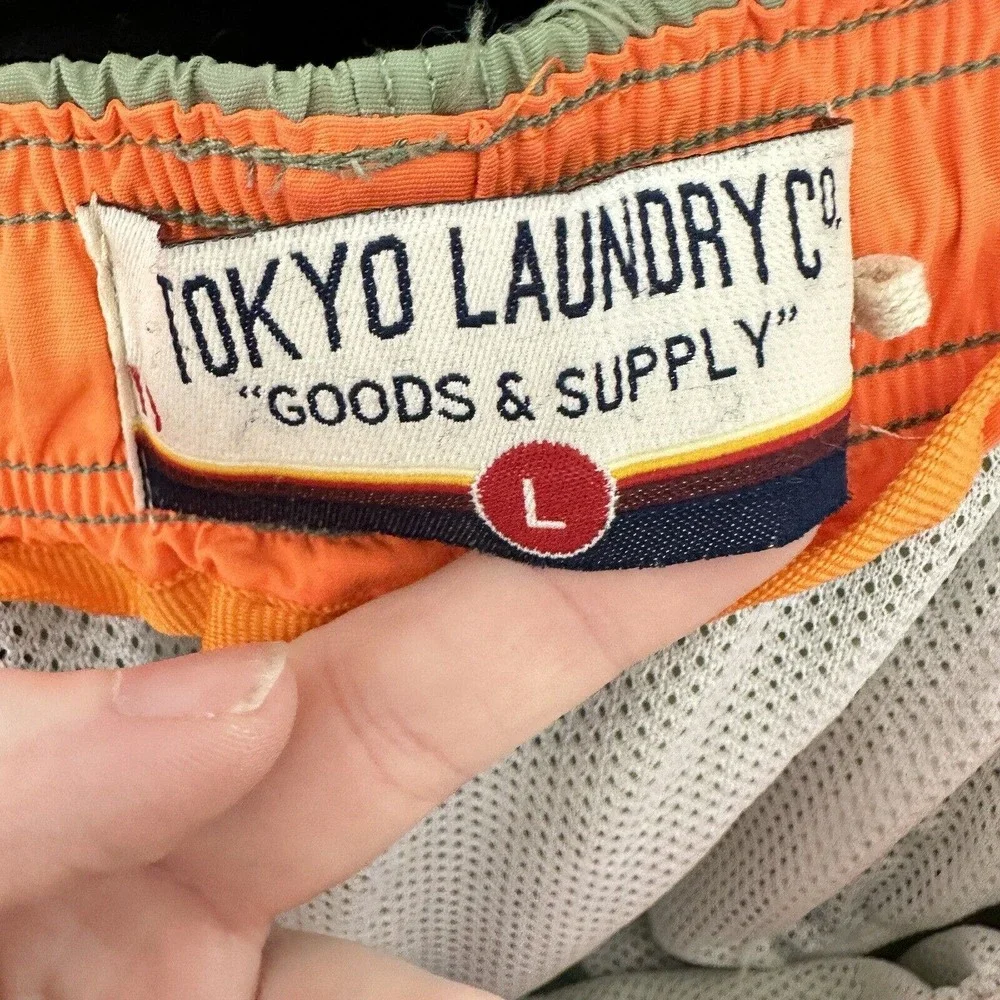 Tokyo Laundry‎ Swim Trunks Men’s Green Orange Lined Pockets Size Large 7” Inseam